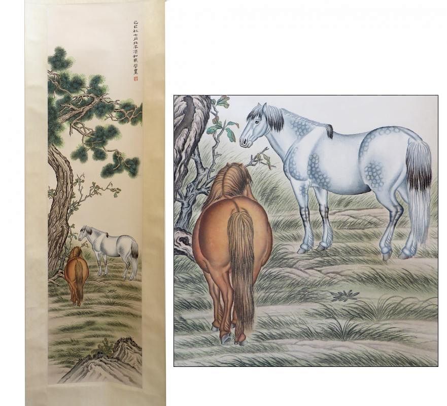 Appraisal: Chinese Scroll Chinese Scroll Description Two horses feast in the