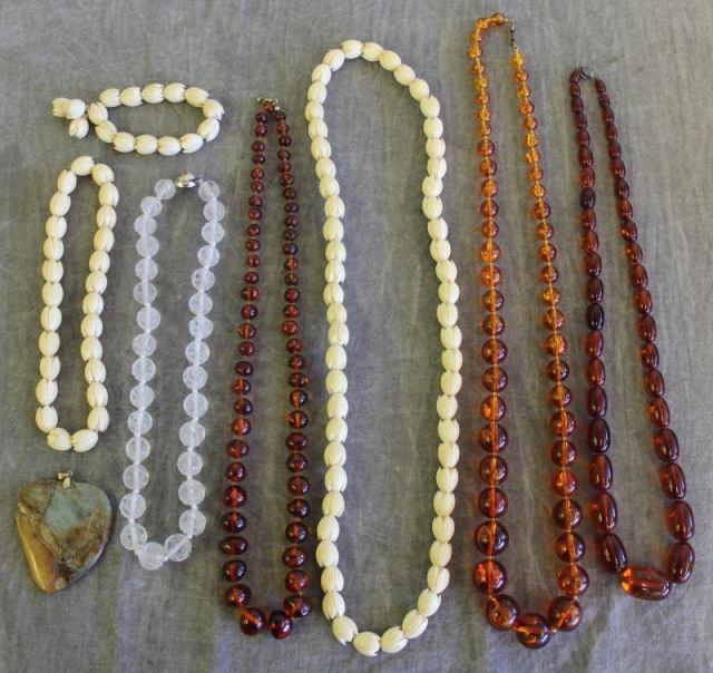 Appraisal: JEWELRY Ivory Amber and Crystal Necklace Group Includes amber necklaces