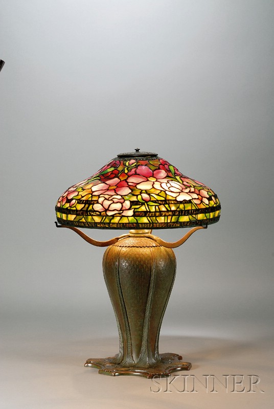 Appraisal: Tiffany Studios Table Lamp with Peony Shade on Peacock Base