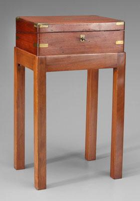 Appraisal: Lap desk with stand mahogany with brass mounts interior inkwell