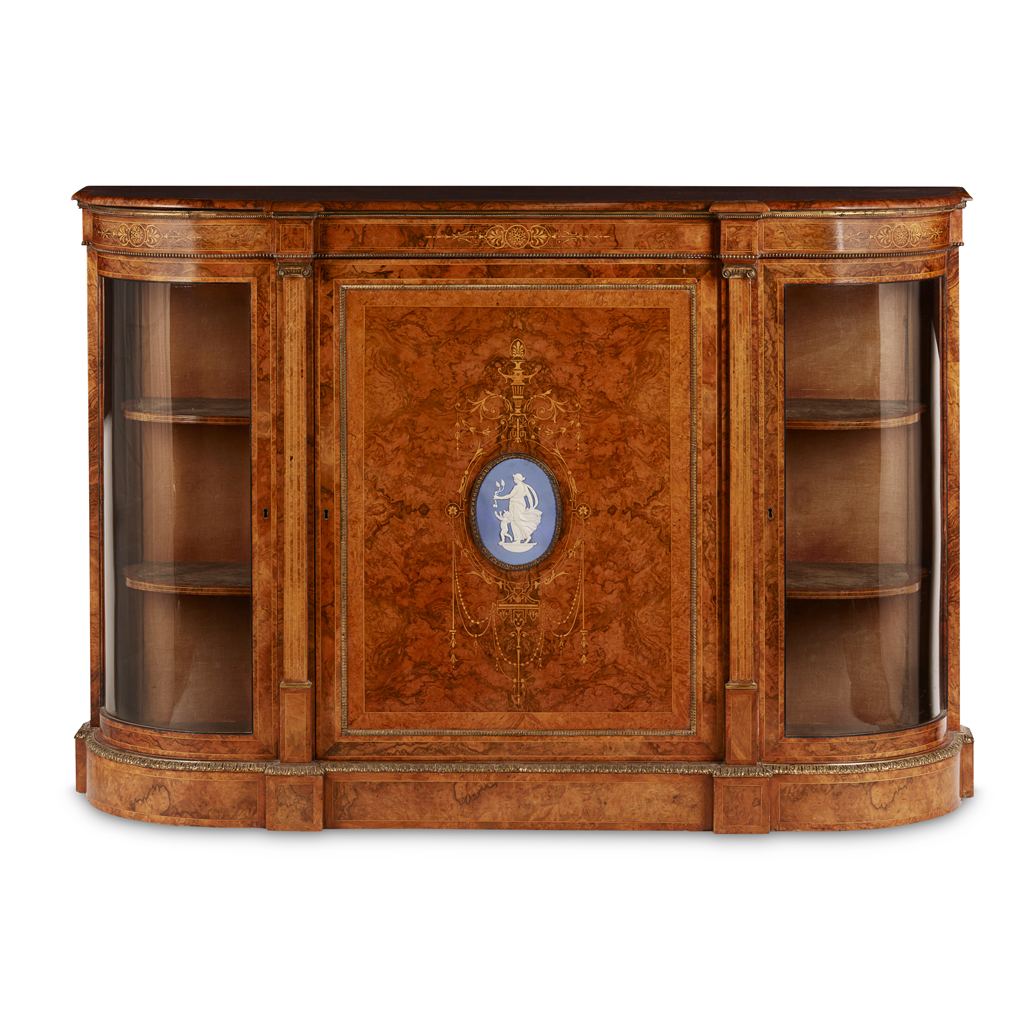 Appraisal: VICTORIAN BURR WALNUT INLAY AND JASPERWARE MOUNTED CREDENZA TH CENTURY