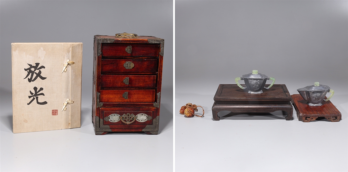 Appraisal: Group of various Chinese items including wood stands jewelry cabinet