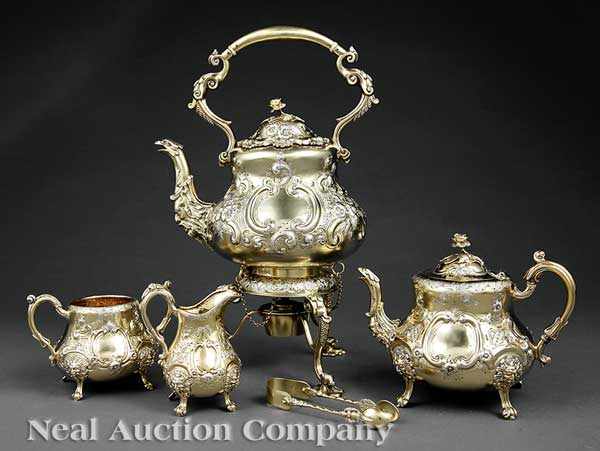 Appraisal: A Victorian Sterling Silver Gilt Bachelor's Tea Service Robert Harper