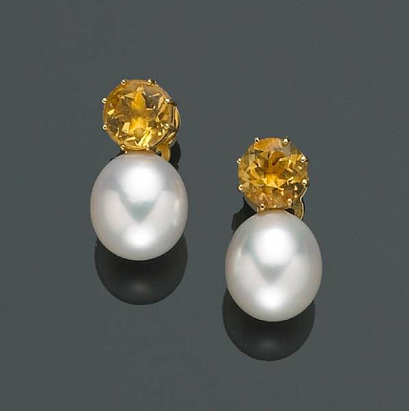 Appraisal: A pair of South Sea cultured pearl and citrine earrings