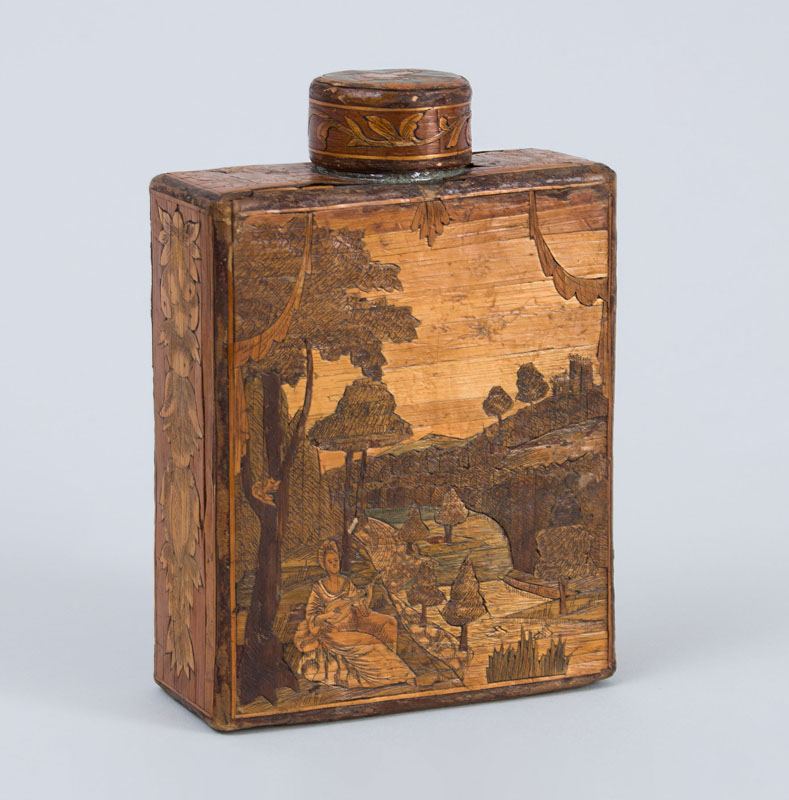 Appraisal: CONTINENTAL ENGRAVED AND TINTED MARQUETRY STRAW WORK TEA CADDY One