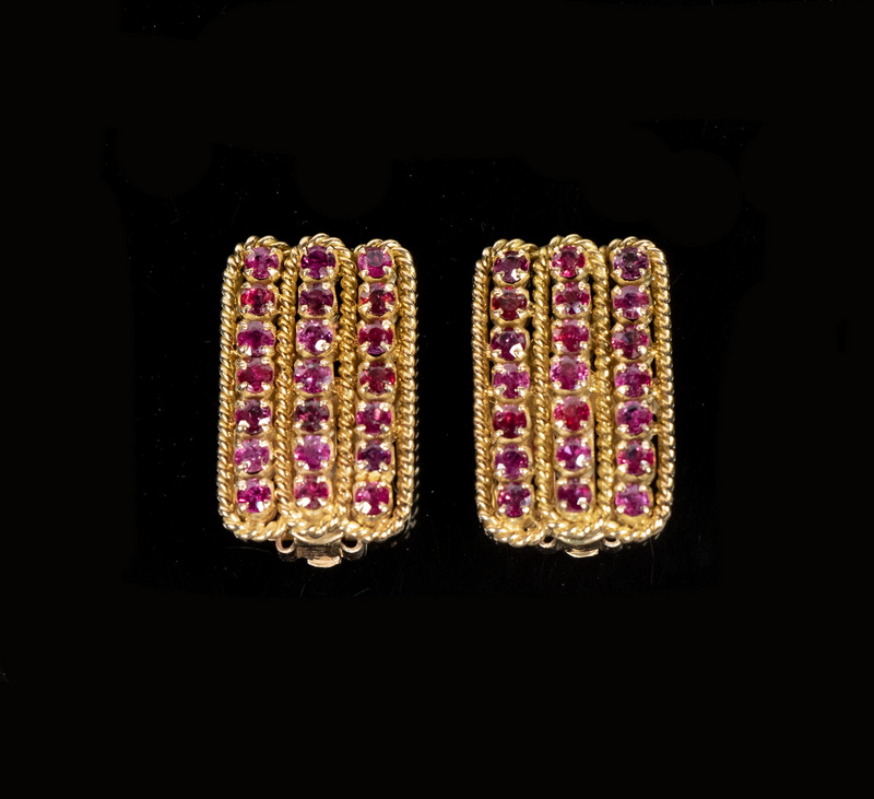 Appraisal: K YELLOW GOLD RUBY EARRINGS Handmade clip rectangular shape with