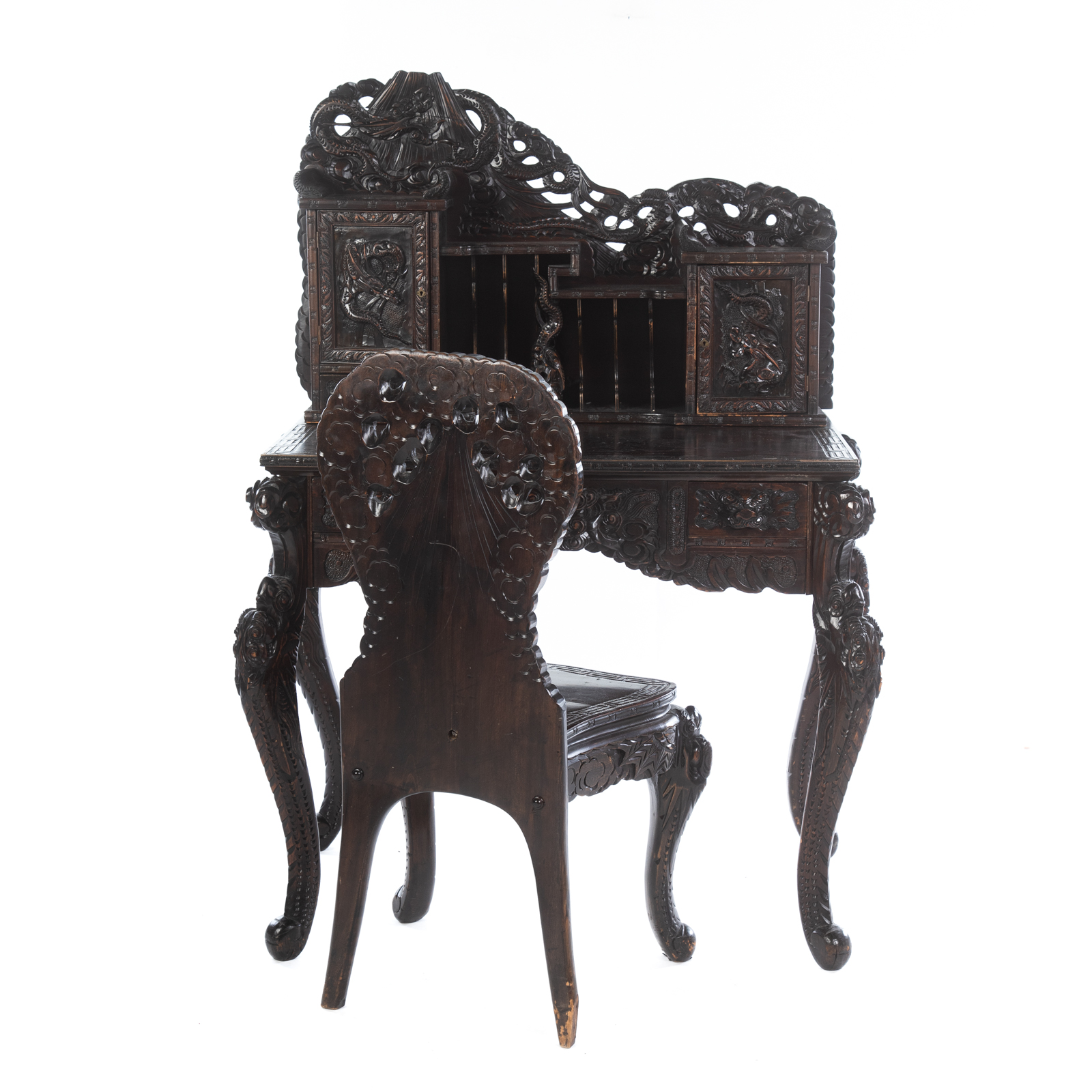 Appraisal: CHINESE EXPORT CARVED WOOD DESK CHAIR With elaborately carved and