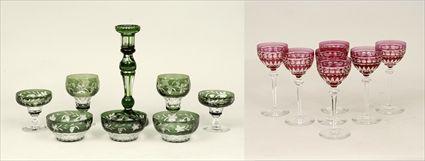 Appraisal: Continental Green Flashed and Cut Glass Table Service Comprising ten