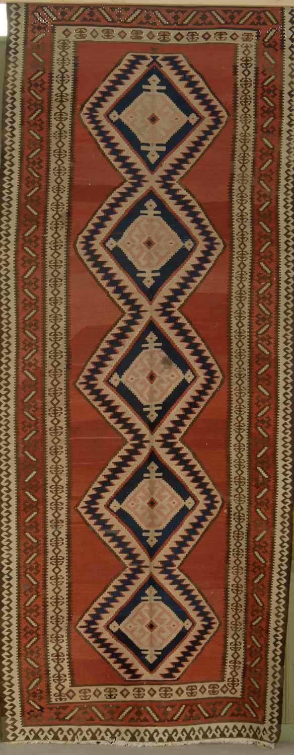 Appraisal: ORIENTAL RUG KILIM ' x ' '' Five linked diamond-shaped