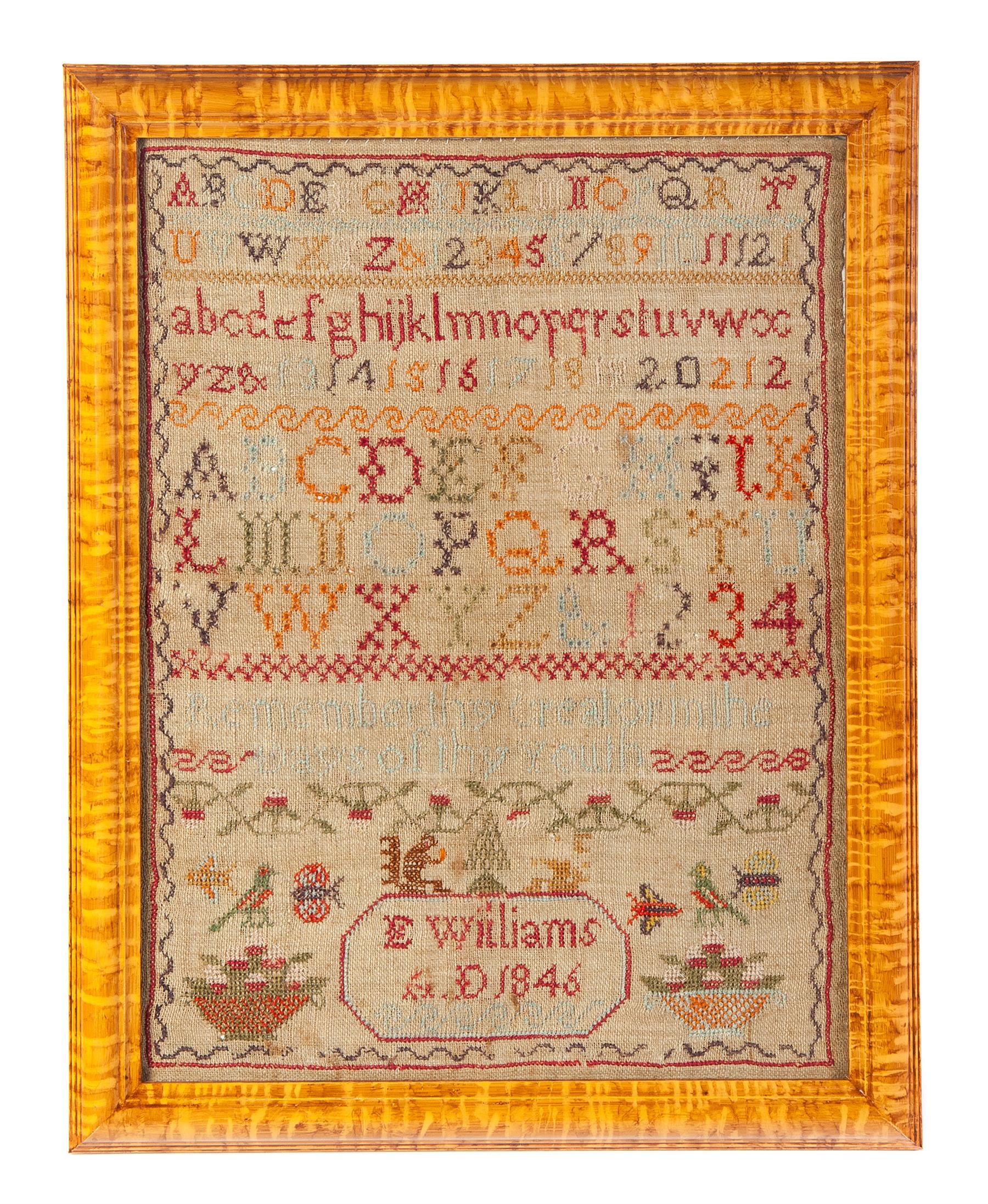 Appraisal: FRAMED SAMPLER E WILLIAM A D England natural linen colored