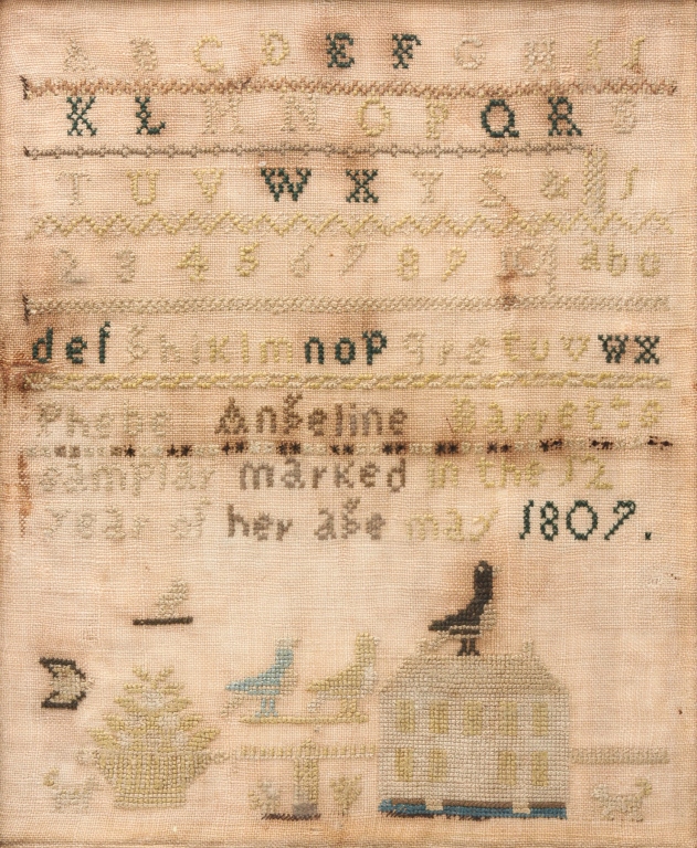 Appraisal: Probably American silk and cotton on linen Alphabets and house