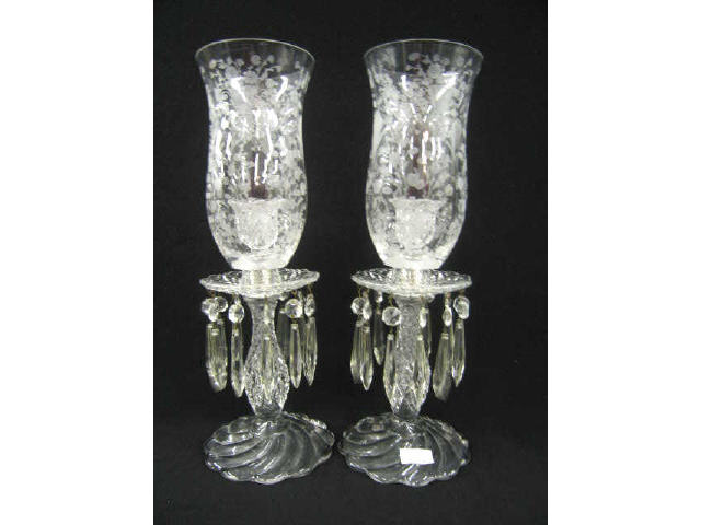 Appraisal: Cambridge or Fostoria Hurricane Lamps pair etched globes tear drop