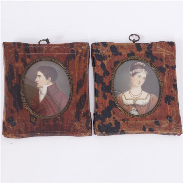 Appraisal: Pair th th Century Miniature Portraits on Ivory in leather