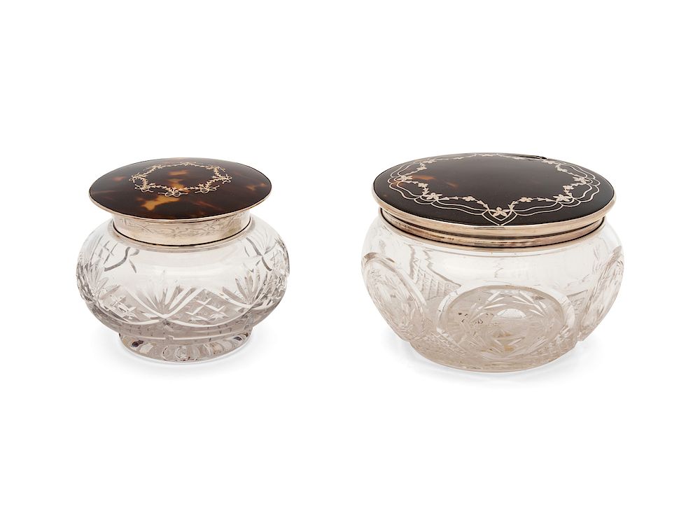 Appraisal: Two English Silver Inlaid Tortoiseshell Lidded Cut Glass Powder Jars