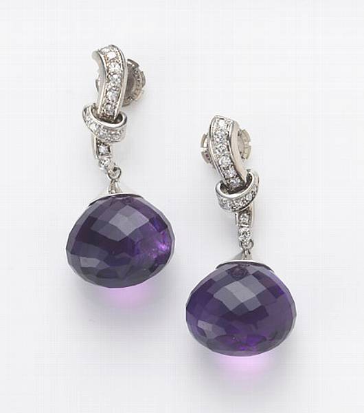 Appraisal: A pair of amethyst diamond and platinum pendant earrings