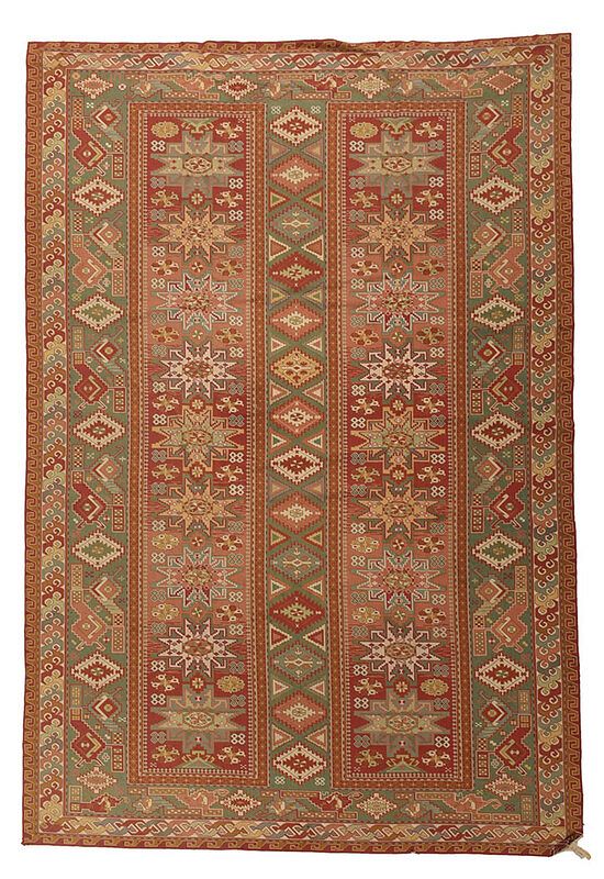 Appraisal: Persian Style Needlepoint Rug modern stepped diamond shaped medallions polygonal