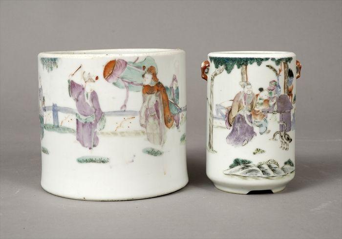 Appraisal: Two Chinese Polychrome Porcelain Brush Pots to in to in