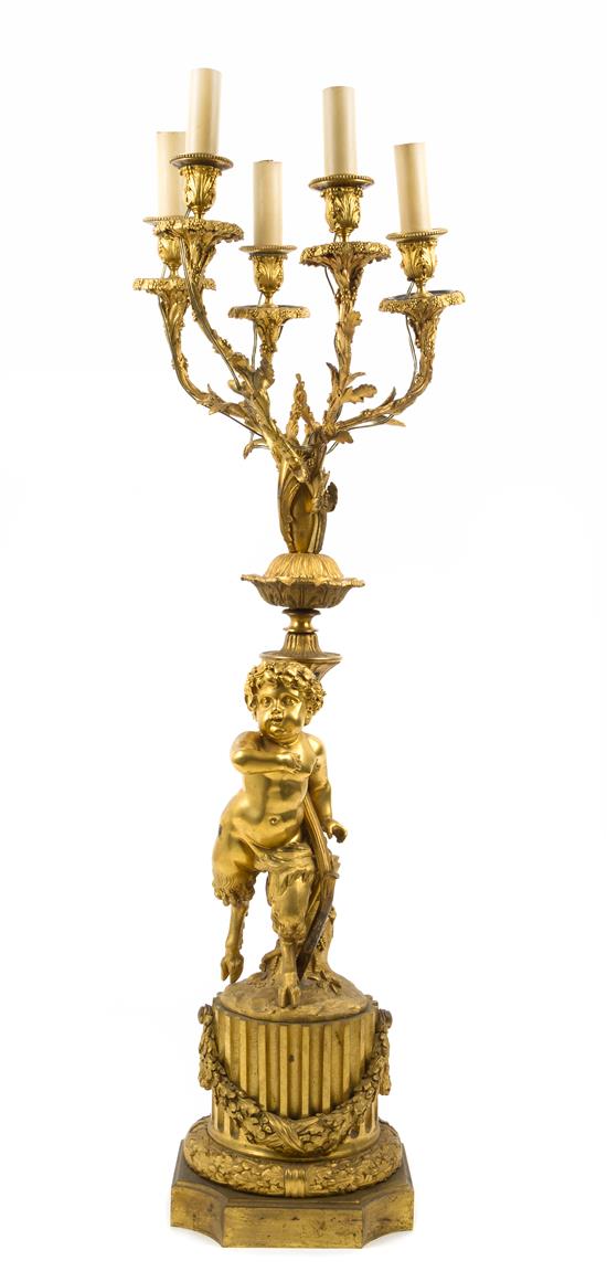 Appraisal: Sale Lot A Continental Gilt Bronze Five-Light Figural Candelabrum late