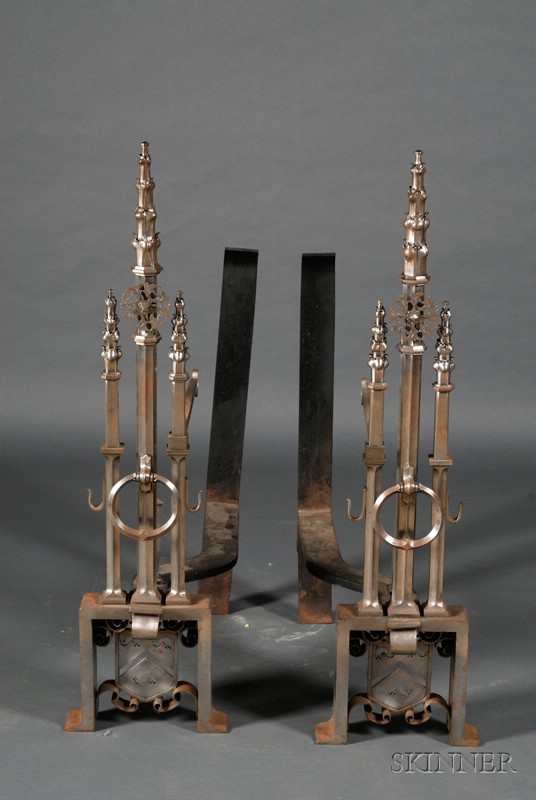 Appraisal: Pair of Large Reformed Gothic Steel Fire Dogs late th