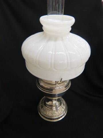 Appraisal: Bradley Hubbard Lamp kerosene nickle base with milk glass umbrella