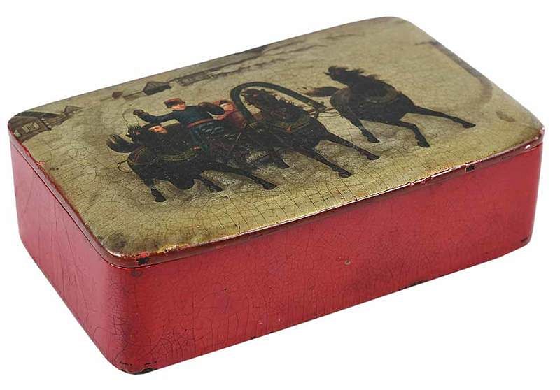 Appraisal: Russian Lukutin Lacquered Papier Mache Box th century hinged lid