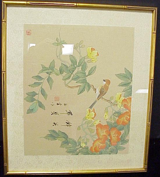 Appraisal: Oriental watercolor on silk bird on branch signed and chop