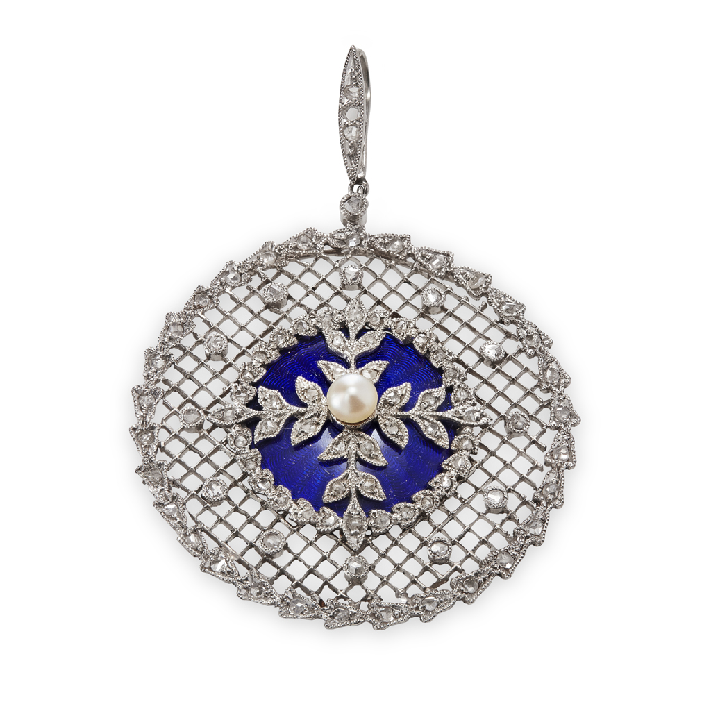 Appraisal: An early th century diamond pearl and enamel set pendant