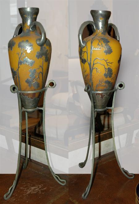 Appraisal: Pair of Silver Overlay Glass Vases on Stands Estimate nbsp