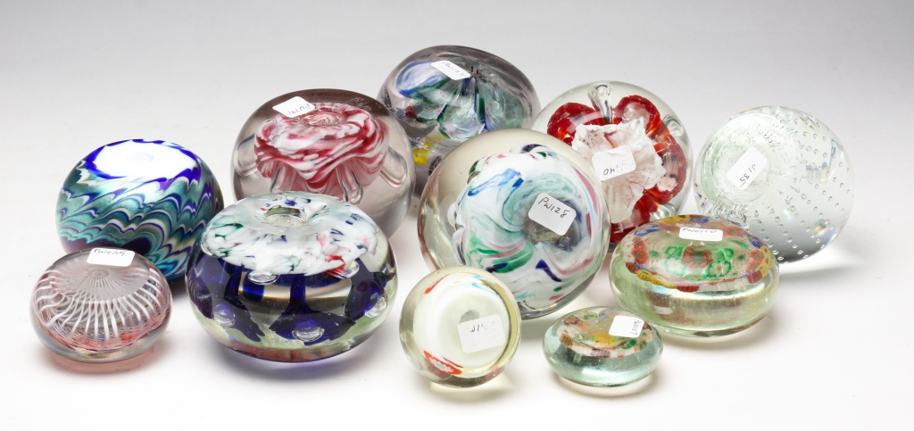 Appraisal: ELEVEN CONTEMPORARY ART GLASS PAPERWEIGHTS American th century Including millefiori