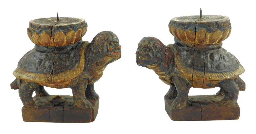 Appraisal: Pair of Korean carved wood tortoise stands Choson Dynasty form