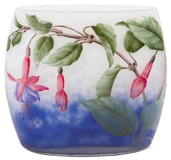 Appraisal: A Daum Nancy enameled cameo glass Fuchsia pillow vase circa