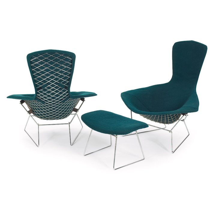 Appraisal: Harry Bertoia Bird chairs pair and ottoman by Knoll chrome