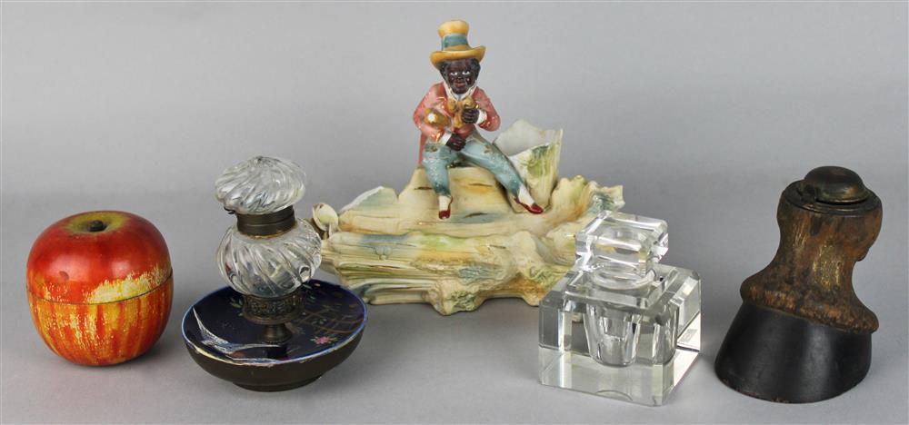 Appraisal: THREE INKWELLS A STEEPLECHASE GAME AND A BISCUIT VASE the