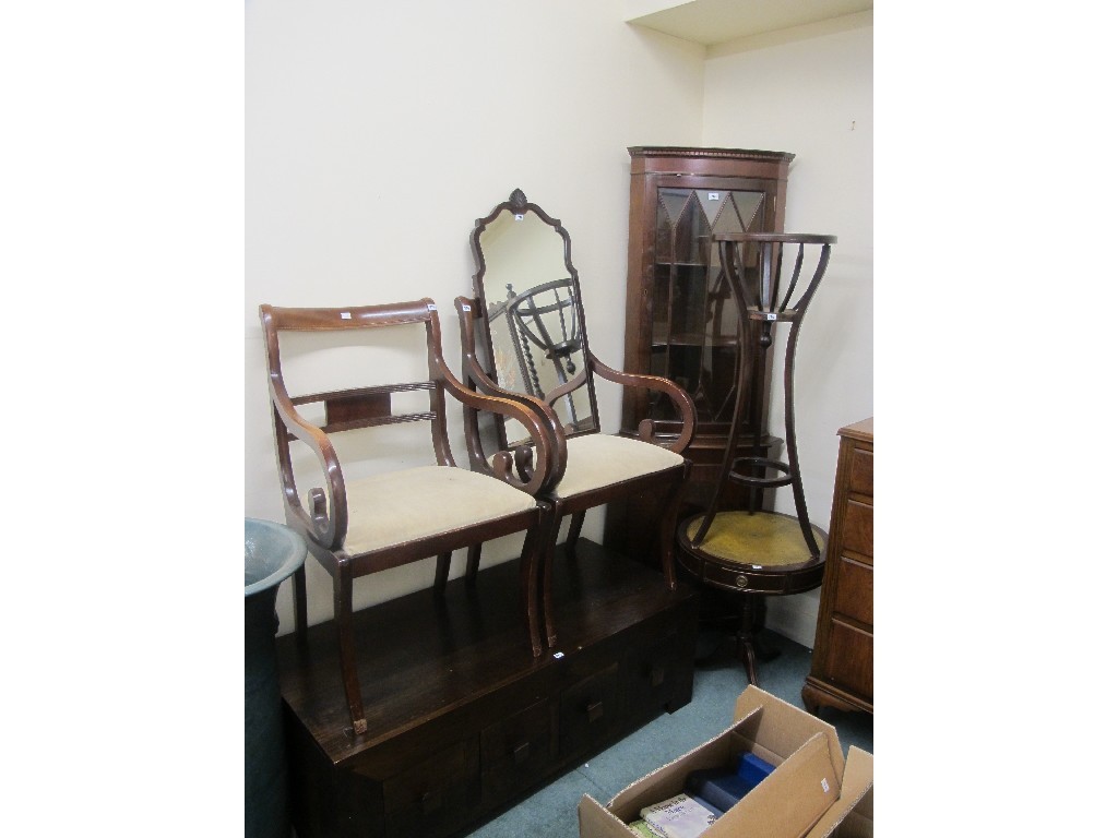 Appraisal: Hardwood coffee table with drawers pair of reproduction armchairs wall