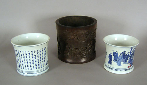 Appraisal: Two Chinese porcelain cache pots together with a carved wooden