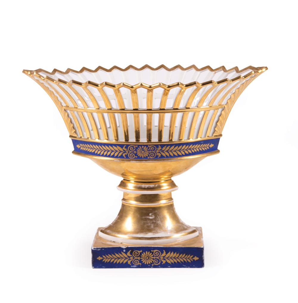 Appraisal: Paris Gilt and Bleu de Roi Porcelain Navette-Form Corbeille th