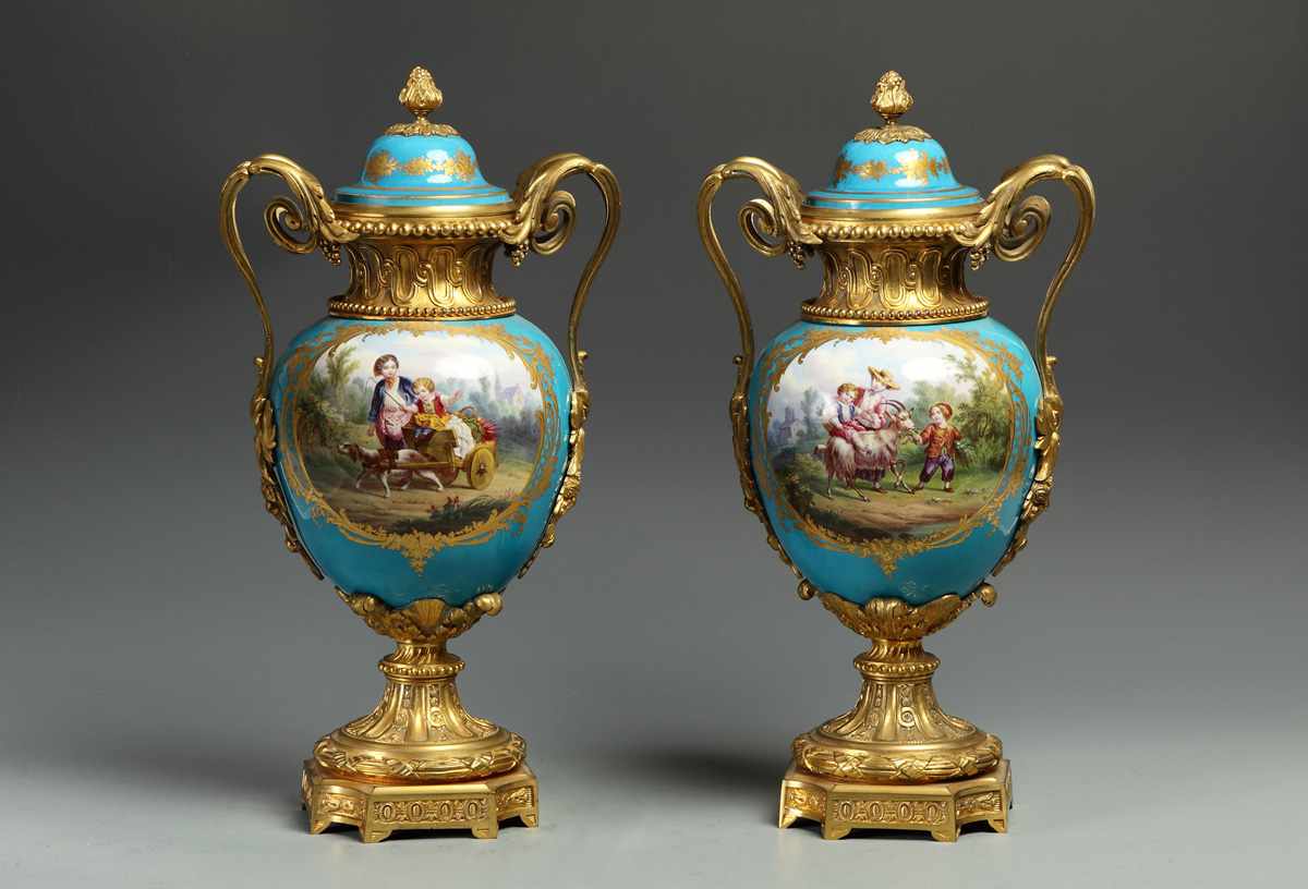 Appraisal: Fine Gilt Bronze Mounted Sevres Vases w young children goat