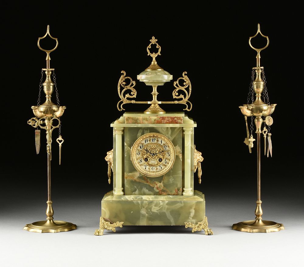 Appraisal: A NEO GREC GILT BRONZE MOUNTED GREEN AGATE CLOCK AND