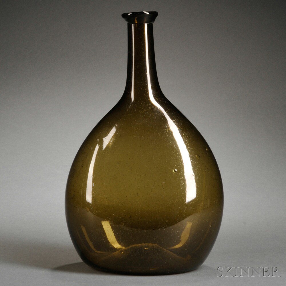 Appraisal: Olive-amber Glass Chestnut Bottle America early th century with applied