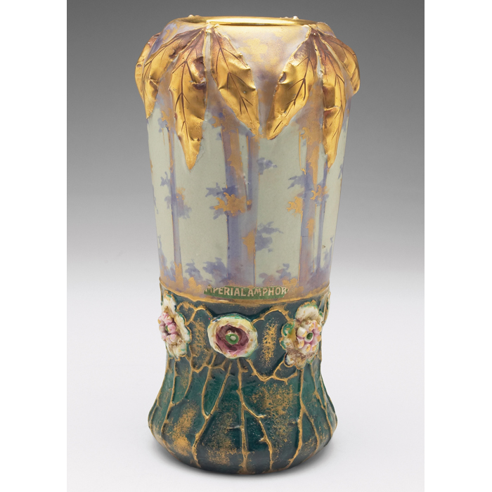 Appraisal: Amphora vase unusual formwith several different raised and paintedmotifs large