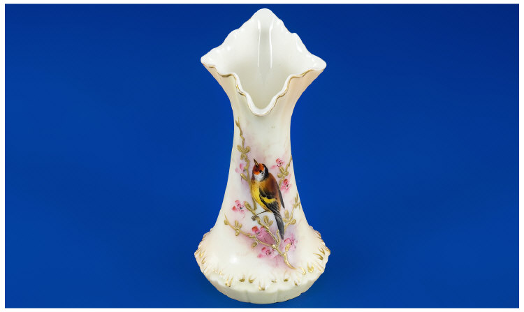 Appraisal: Locke and Co Worcester Fluted Vase handpainted goldfinch on branch