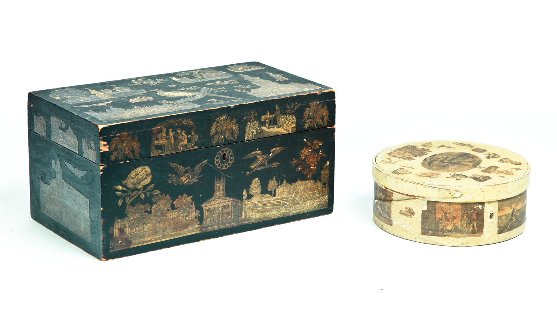 Appraisal: TWO AMERICAN DECOUPAGE BOXES Mid th century Original paint with