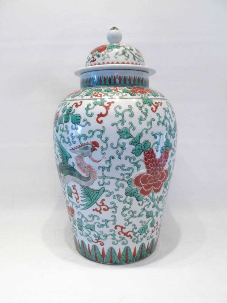 Appraisal: CHINESE PORCELAIN LIDDED JAR hand enameled with phoenix motif on