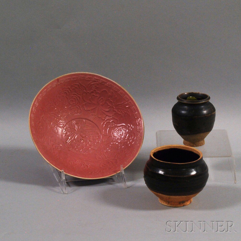 Appraisal: Two Black-glazed Miniature Jars and a Ding Bowl China th