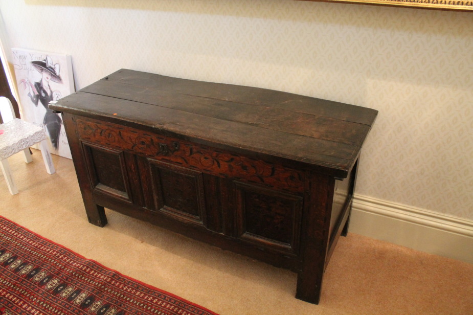 Appraisal: A late thC oak coffer with marquetry frieze over three