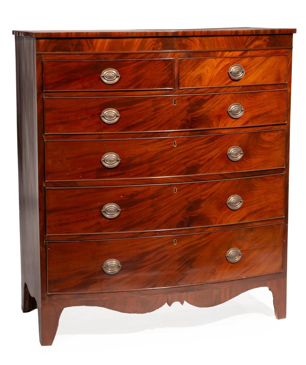 Appraisal: Regency Figured Mahogany Bowfront Chest early th c two short