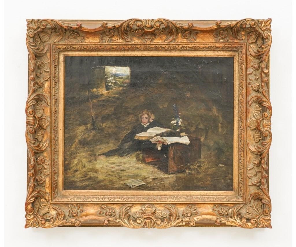 Appraisal: Oil on canvas of a boy ready a book th