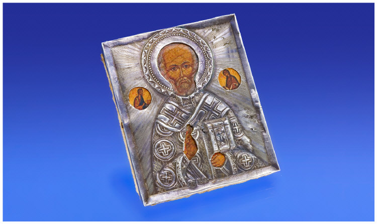 Appraisal: Russian Silver Framed Icon Showing St Nicholas In Embossed Silver