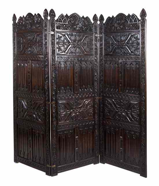 Appraisal: A Three Panel Floor Screen having carved vine and acorn