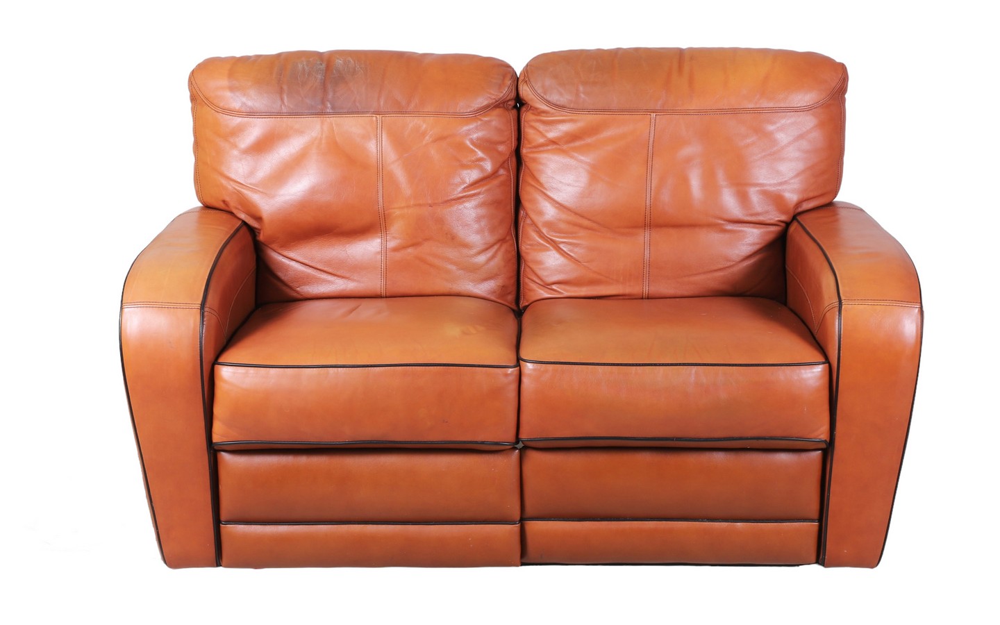 Appraisal: Okin stitched leather electric reclining loveseat orange stitched leather and